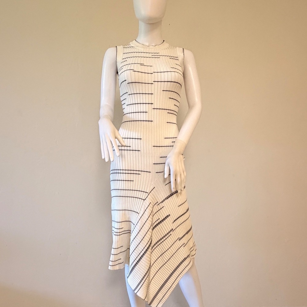 Yigal Azrouël  White Black‎ Ribbed Knit Asymmetrical Handkerchief Midi Dress XS